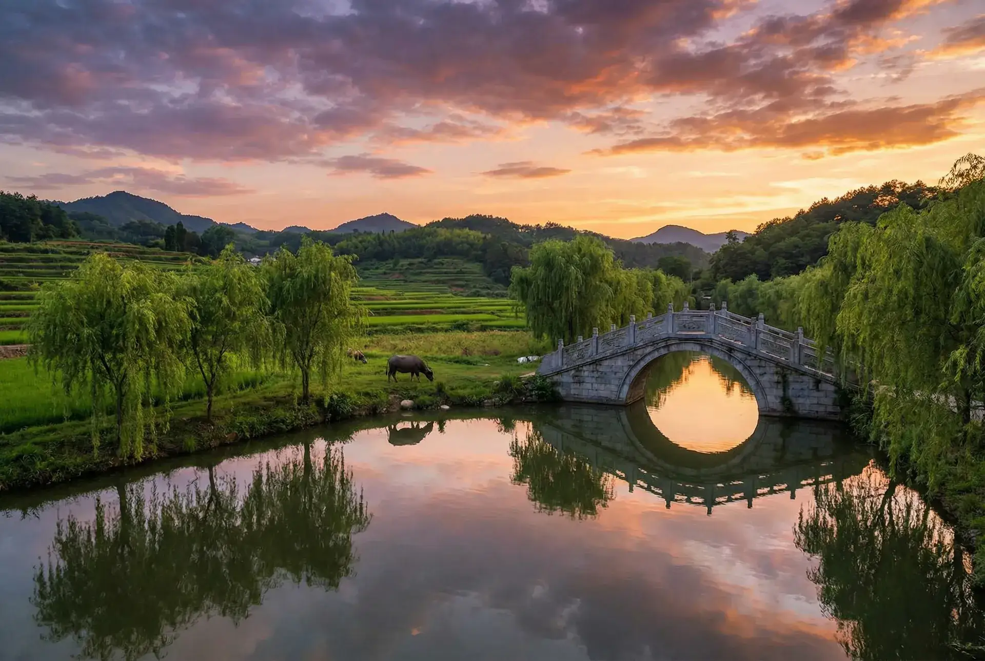 夕阳下的石拱桥与垂柳，水牛在河边吃草 - 幸田由真 乡村美景